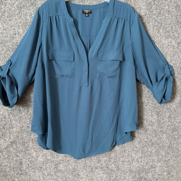 Torrid Harper 3/4 Sleeve Blouse Sz L Teal  Front Pockets Pullover Drapey - Picture 1 of 12